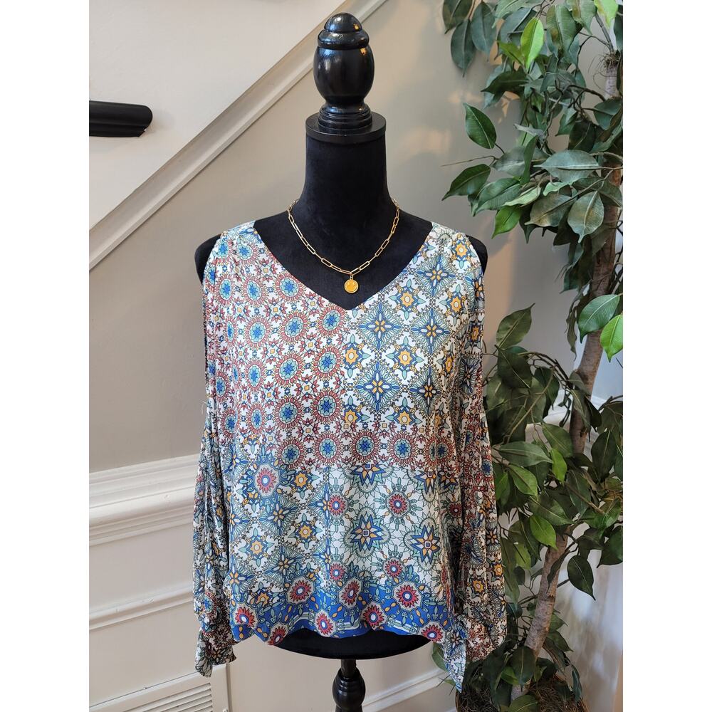 COCO BIANCA Blouse Women's Multicolour Size M Boho Sheer Cold Shoulder Top